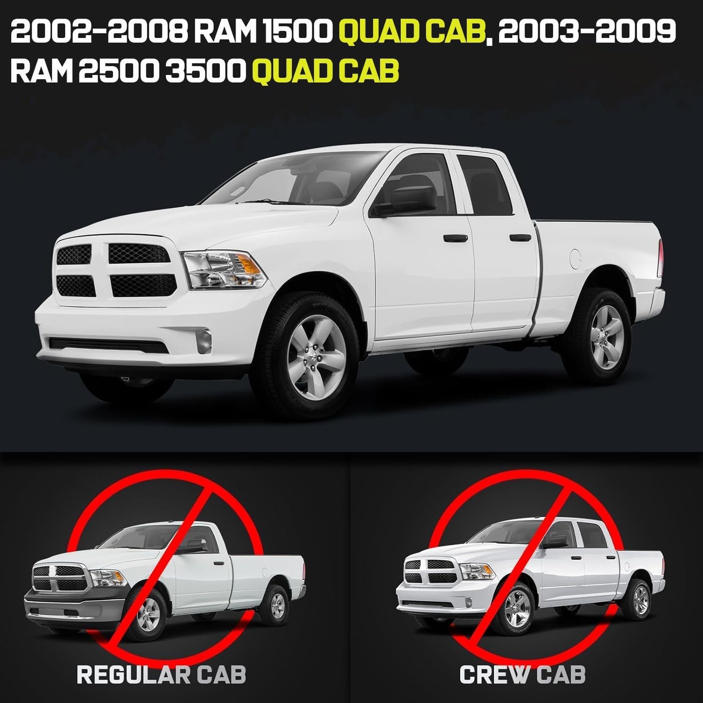 Truck running boards compatible with 2002-2008 Dodge Ram 1500 Quad Cab / 2003-2009 Dodge Ram 2500 / 3500 Quad Cab With 3/4 Size Rear Doors(Exclude Daytona, Rumble Bee and SRT-10 models). Only Fit For Quad Cab. Not For Mega or Regular Cab.
5.5" WIDER STEP: The drop down side steps design, with a 5.5-inch wide step area, of