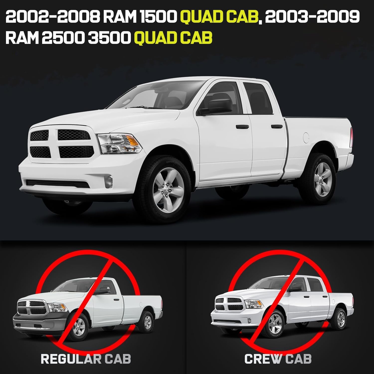 Truck running boards compatible with 2002-2008 Dodge Ram 1500 Quad Cab / 2003-2009 Dodge Ram 2500 / 3500 Quad Cab With 3/4 Size Rear Doors(Exclude Daytona, Rumble Bee and SRT-10 models). Only Fit For Quad Cab. Not For Mega or Regular Cab.
5.5" WIDER STEP: The drop down side steps design, with a 5.5-inch wide step area, of