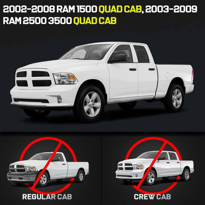 Truck running boards compatible with 2002-2008 Dodge Ram 1500 Quad Cab / 2003-2009 Dodge Ram 2500 / 3500 Quad Cab With 3/4 Size Rear Doors(Exclude Daytona, Rumble Bee and SRT-10 models). Only Fit For Quad Cab. Not For Mega or Regular Cab.
5.5" WIDER STEP: The drop down side steps design, with a 5.5-inch wide step area, of
