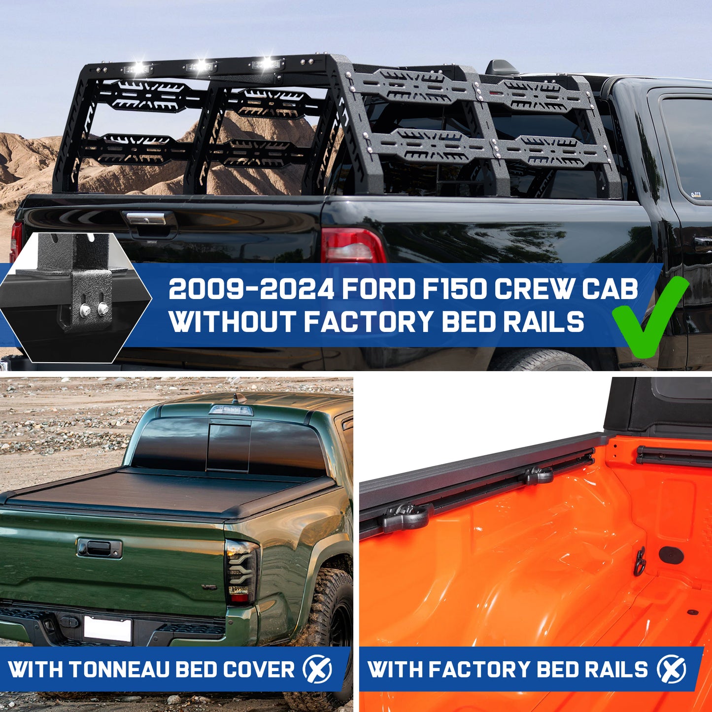 Truck Bed Rack Fits For 2009-2024 Ford F150 , Trucks Without Factory Bed Rails. (This Bed Rack Will Not Work With A Tonneau Cover)