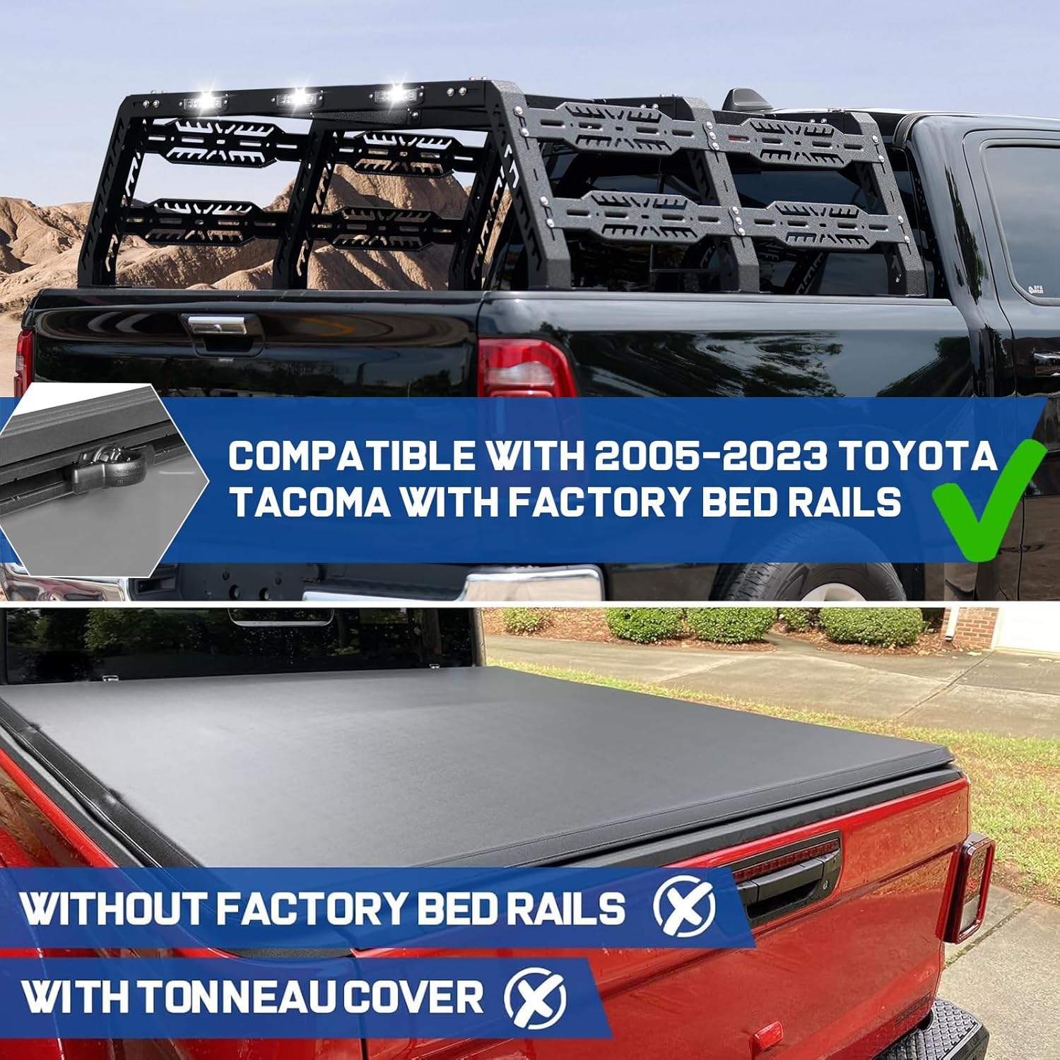 Truck bed rack compatible with 2005-2023 Toyota Tacoma, for trucks with factory bed rails. (This bed rack will not work with a tonneau cover)